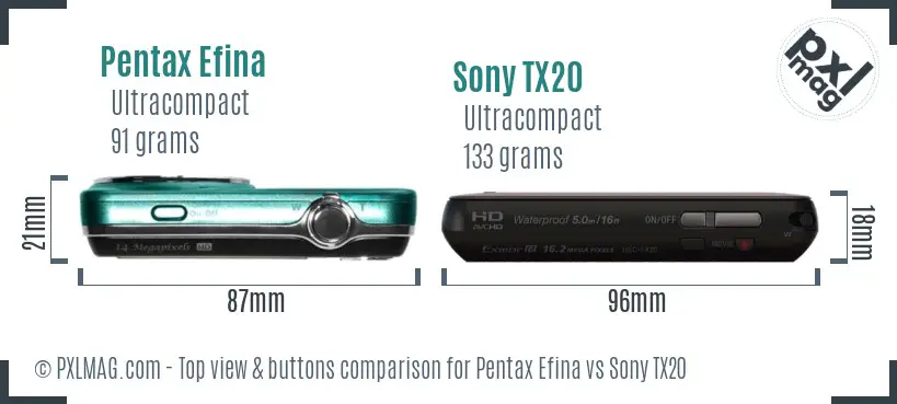 Pentax Efina vs Sony TX20 top view buttons comparison