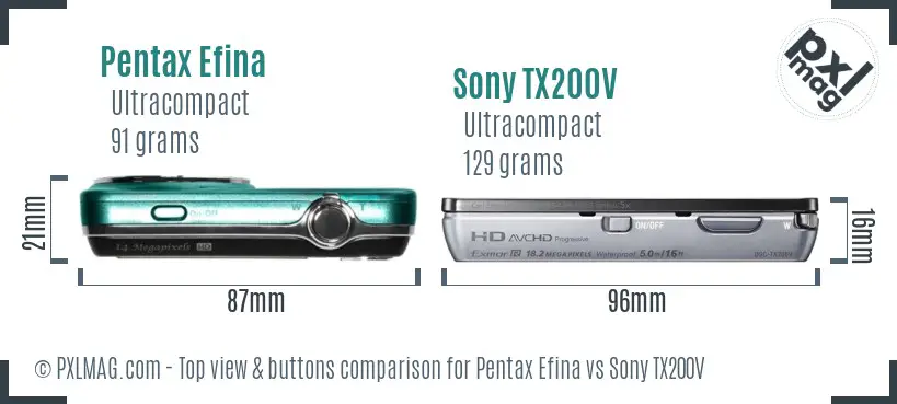 Pentax Efina vs Sony TX200V top view buttons comparison
