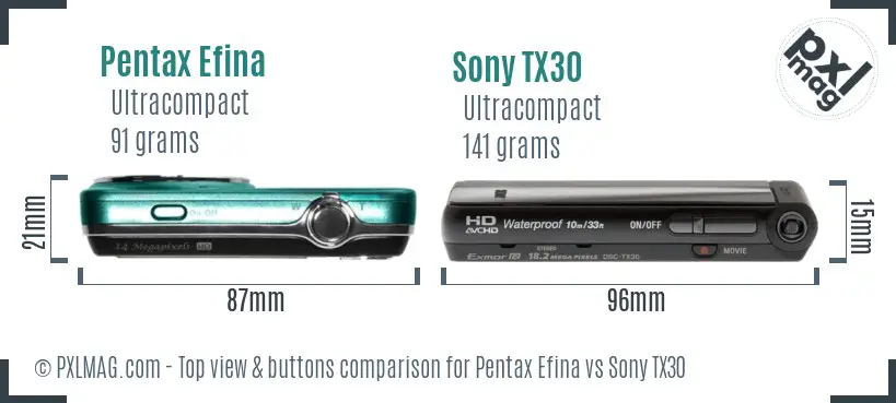 Pentax Efina vs Sony TX30 top view buttons comparison