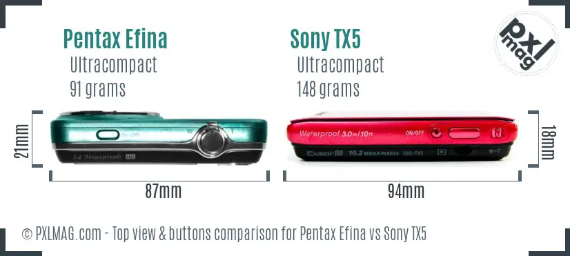 Pentax Efina vs Sony TX5 top view buttons comparison