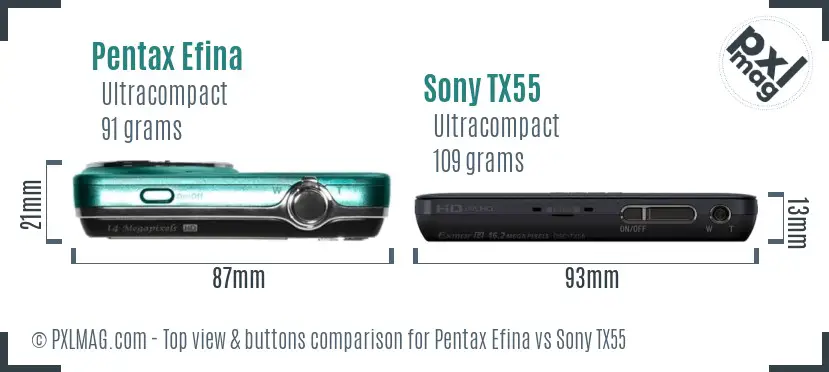 Pentax Efina vs Sony TX55 top view buttons comparison