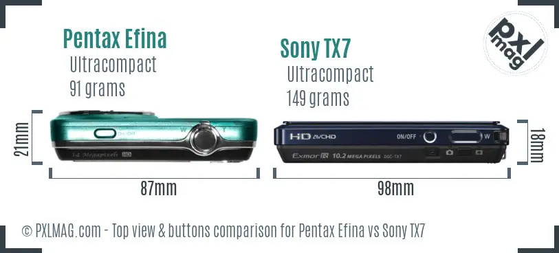 Pentax Efina vs Sony TX7 top view buttons comparison