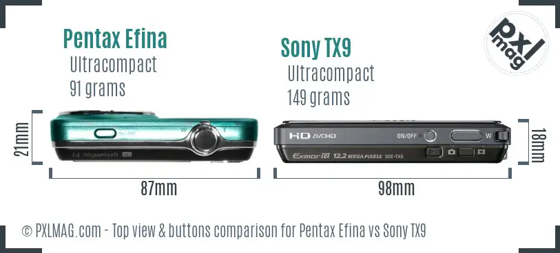 Pentax Efina vs Sony TX9 top view buttons comparison Pentax Efina vs Sony TX9 top view buttons comparison