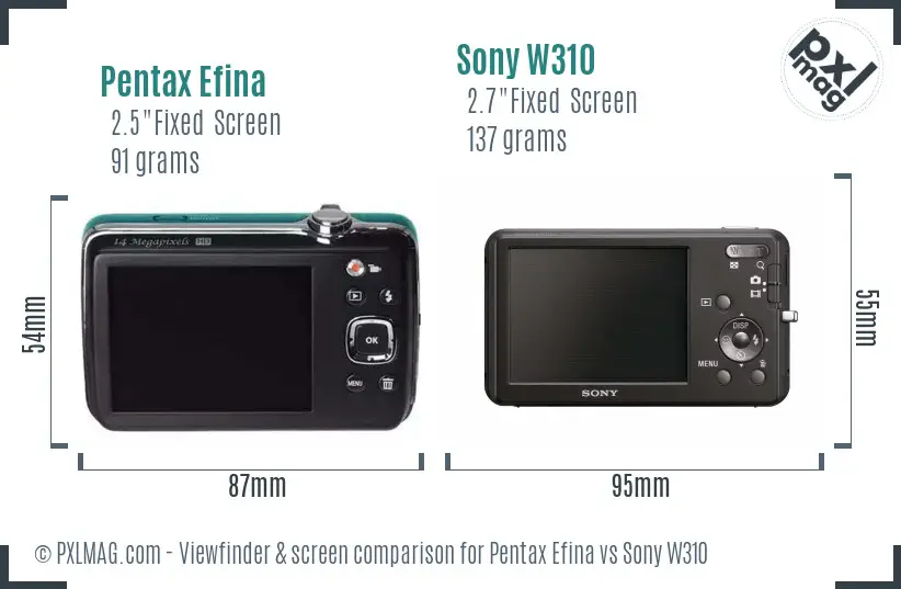Pentax Efina vs Sony W310 Screen and Viewfinder comparison