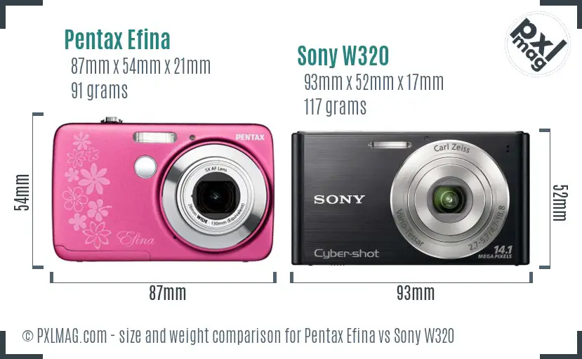 Pentax Efina vs Sony W320 size comparison