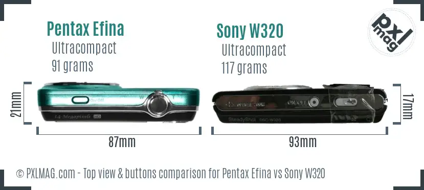 Pentax Efina vs Sony W320 top view buttons comparison