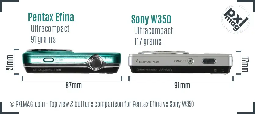 Pentax Efina vs Sony W350 top view buttons comparison Pentax Efina vs Sony W350 top view buttons comparison