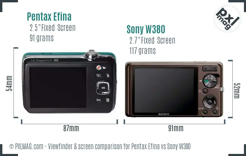 Pentax Efina vs Sony W380 Screen and Viewfinder comparison