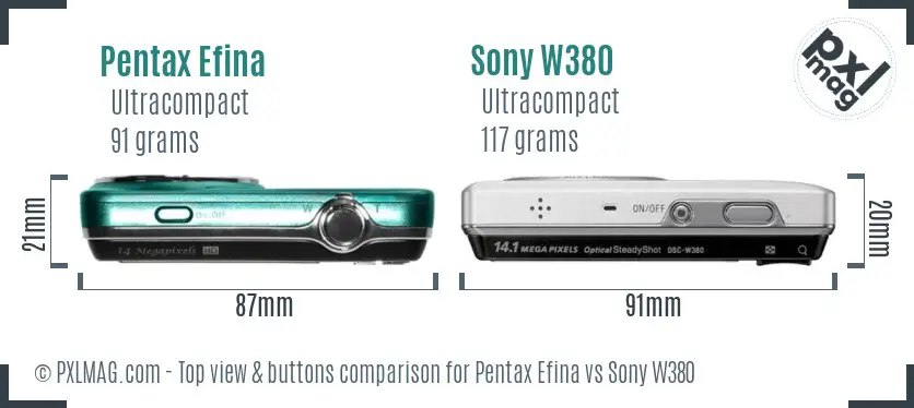 Pentax Efina vs Sony W380 top view buttons comparison