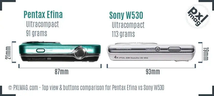 Pentax Efina vs Sony W530 top view buttons comparison