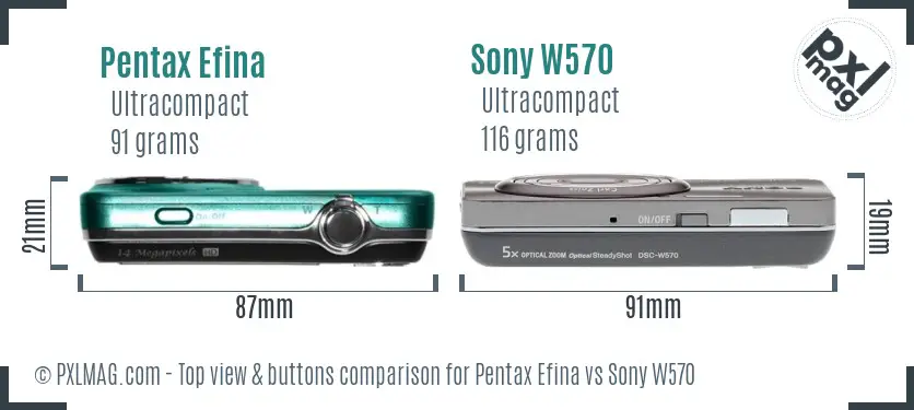 Pentax Efina vs Sony W570 top view buttons comparison