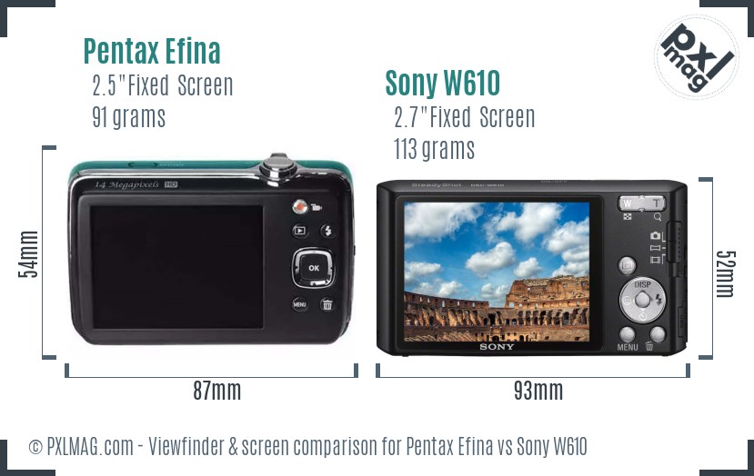 Pentax Efina vs Sony W610 Screen and Viewfinder comparison