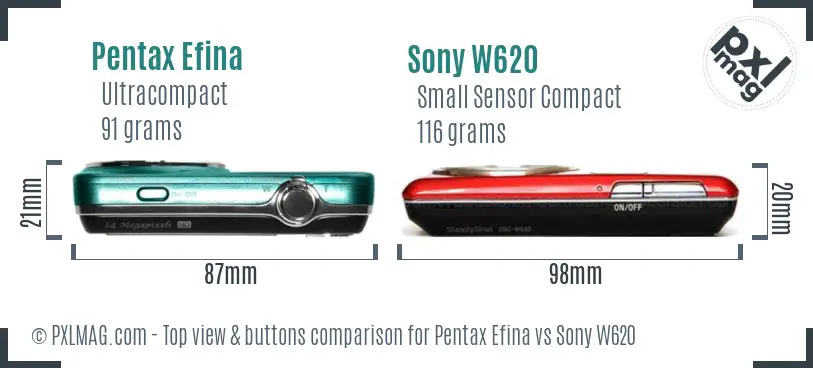 Pentax Efina vs Sony W620 top view buttons comparison Pentax Efina vs Sony W620 top view buttons comparison