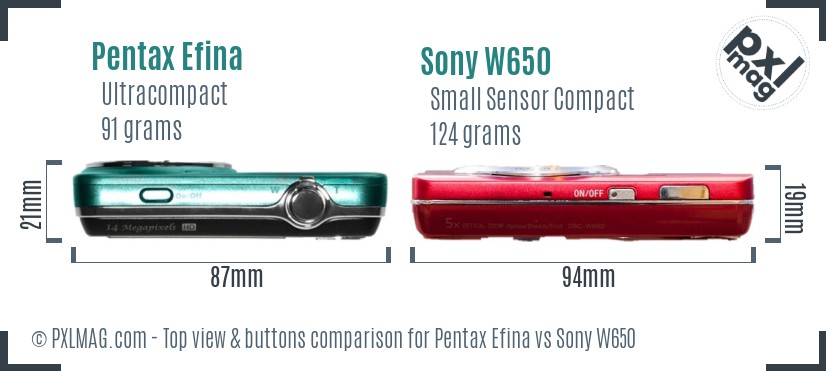 Pentax Efina vs Sony W650 top view buttons comparison