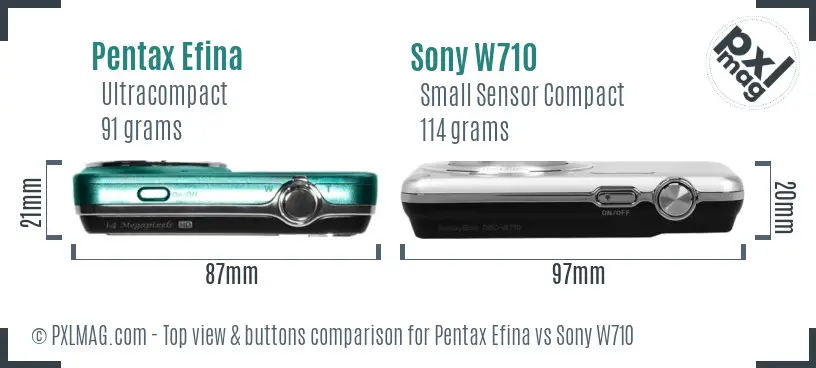 Pentax Efina vs Sony W710 top view buttons comparison Pentax Efina vs Sony W710 top view buttons comparison