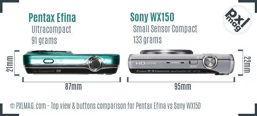 Pentax Efina vs Sony WX150 top view buttons comparison Pentax Efina vs Sony WX150 top view buttons comparison