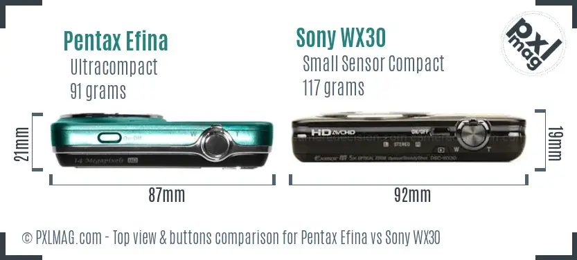 Pentax Efina vs Sony WX30 top view buttons comparison