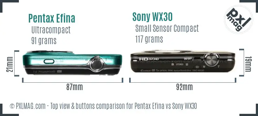 Pentax Efina vs Sony WX30 top view buttons comparison Pentax Efina vs Sony WX30 top view buttons comparison
