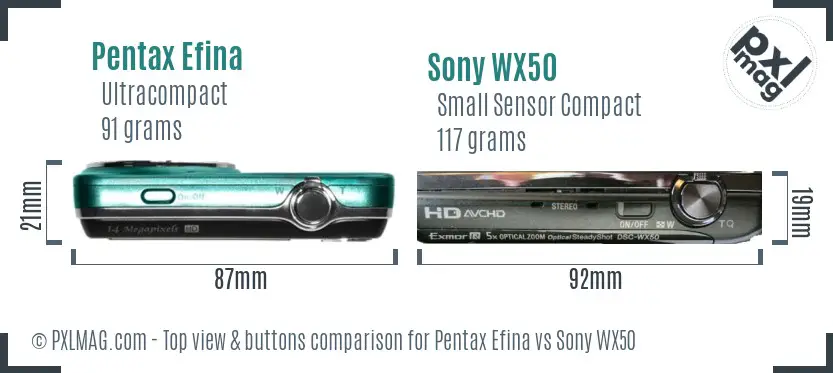 Pentax Efina vs Sony WX50 top view buttons comparison Pentax Efina vs Sony WX50 top view buttons comparison