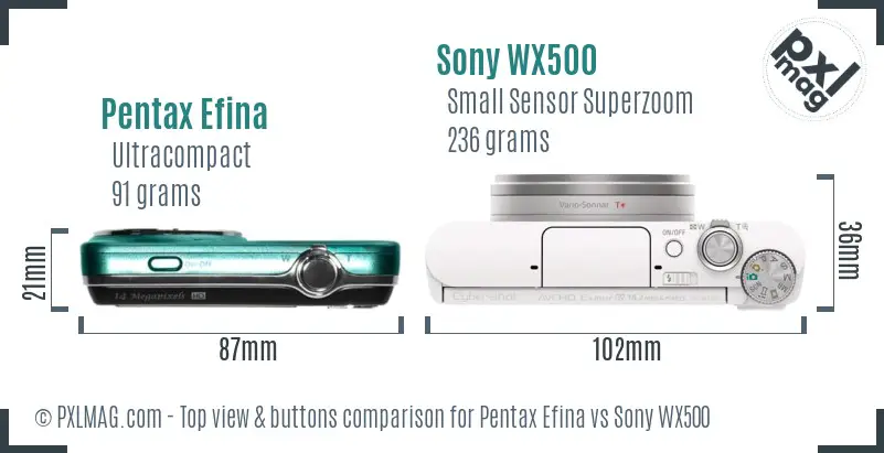 Pentax Efina vs Sony WX500 top view buttons comparison