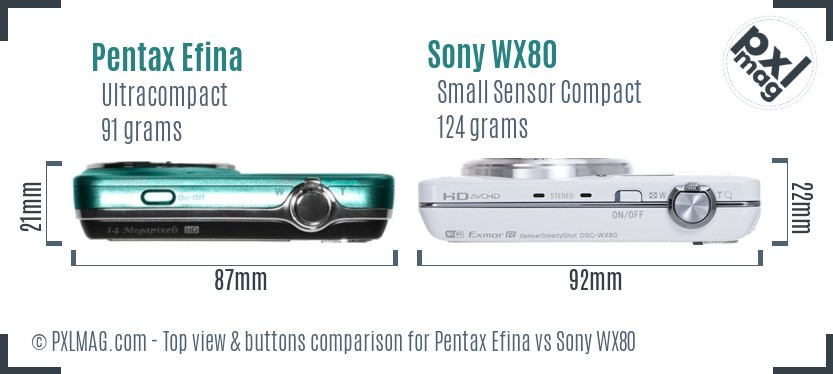Pentax Efina vs Sony WX80 top view buttons comparison