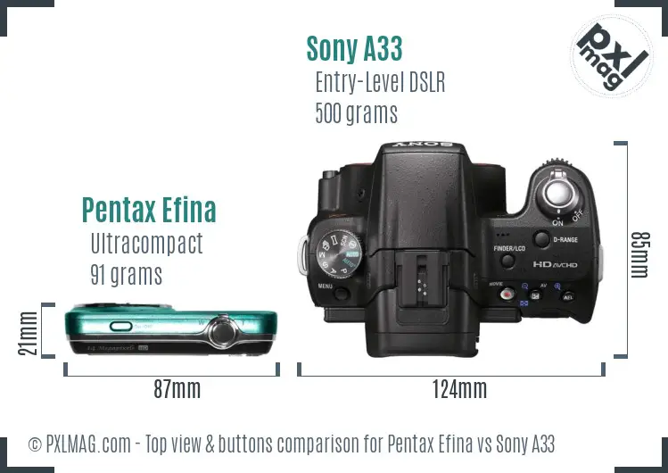 Pentax Efina vs Sony A33 top view buttons comparison Pentax Efina vs Sony A33 top view buttons comparison