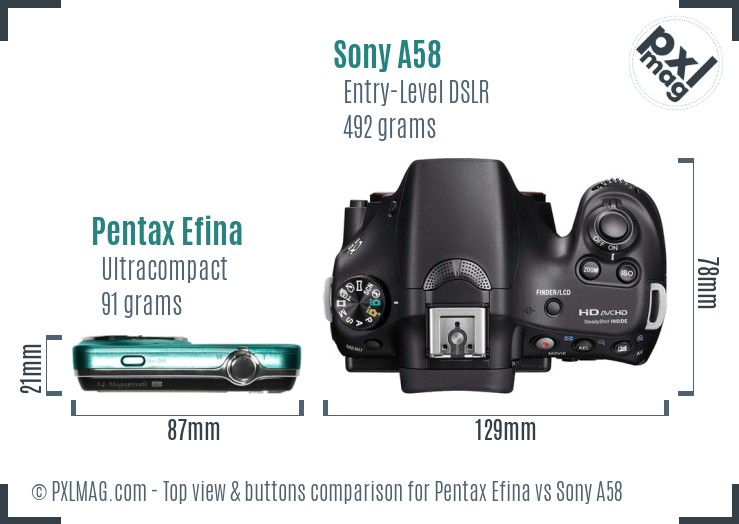 Pentax Efina vs Sony A58 top view buttons comparison
