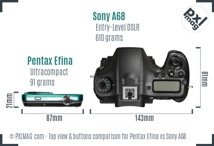 Pentax Efina vs Sony A68 top view buttons comparison