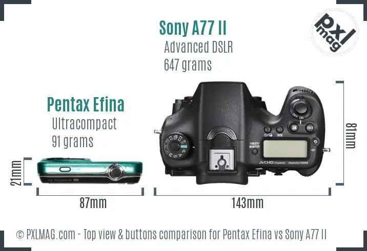Pentax Efina vs Sony A77 II top view buttons comparison Pentax Efina vs Sony A77 II top view buttons comparison