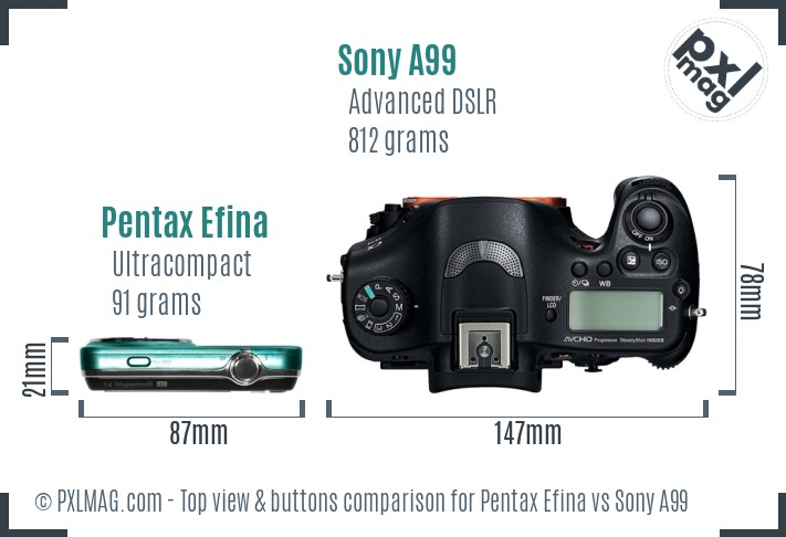 Pentax Efina vs Sony A99 top view buttons comparison