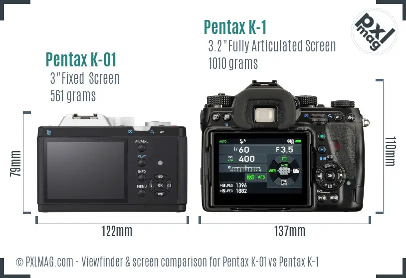 Pentax K-01 vs Pentax K-1 Screen and Viewfinder comparison