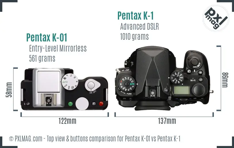 Pentax K-01 vs Pentax K-1 top view buttons comparison