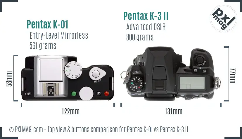 Pentax K-01 vs Pentax K-3 II top view buttons comparison
