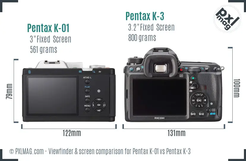 Pentax K-01 vs Pentax K-3 Screen and Viewfinder comparison