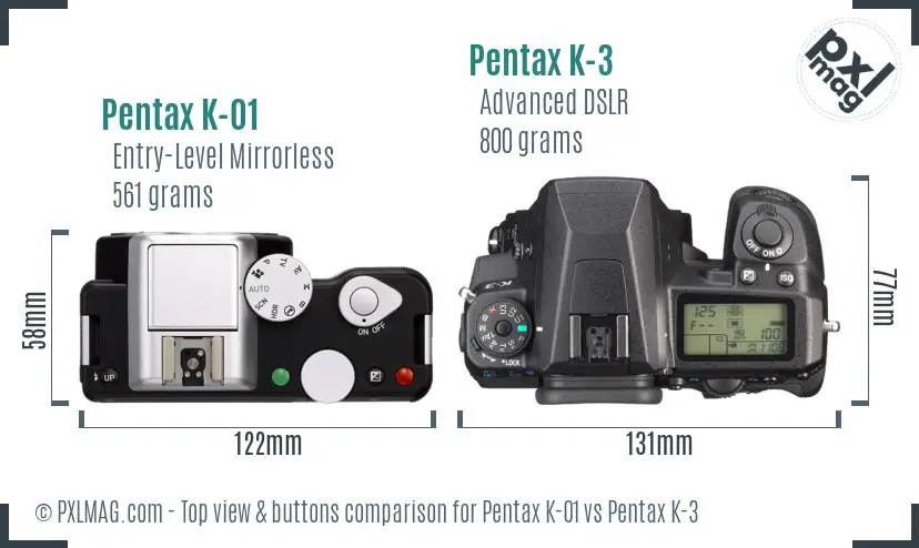 Pentax K-01 vs Pentax K-3 top view buttons comparison