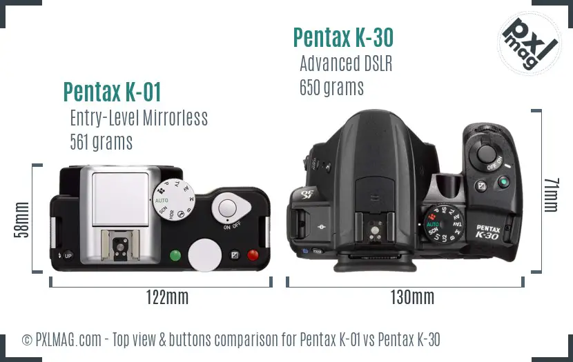 Pentax K-01 vs Pentax K-30 top view buttons comparison