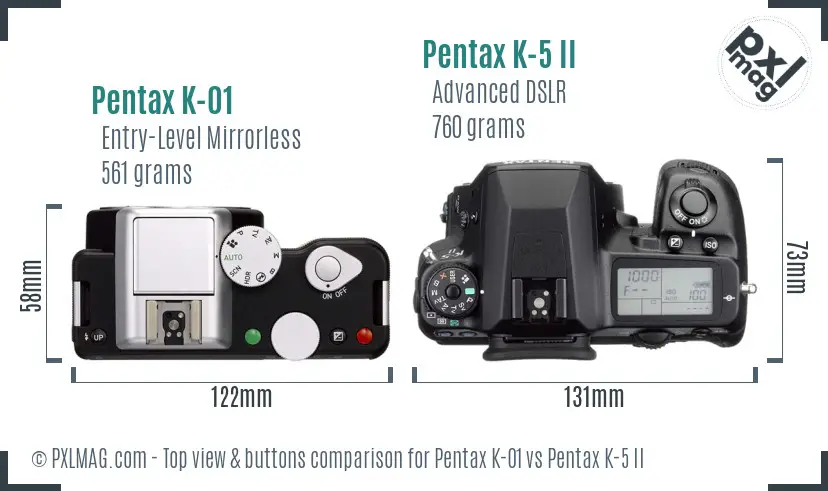 Pentax K-01 vs Pentax K-5 II top view buttons comparison