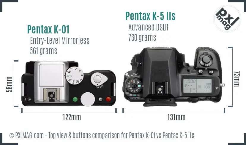 Pentax K-01 vs Pentax K-5 IIs top view buttons comparison
