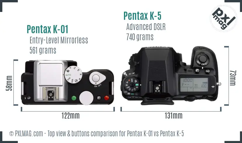 Pentax K-01 vs Pentax K-5 top view buttons comparison