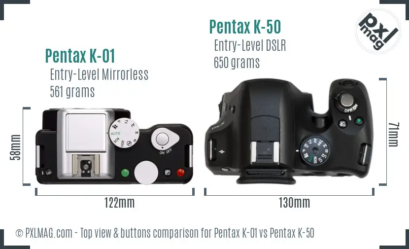 Pentax K-01 vs Pentax K-50 top view buttons comparison