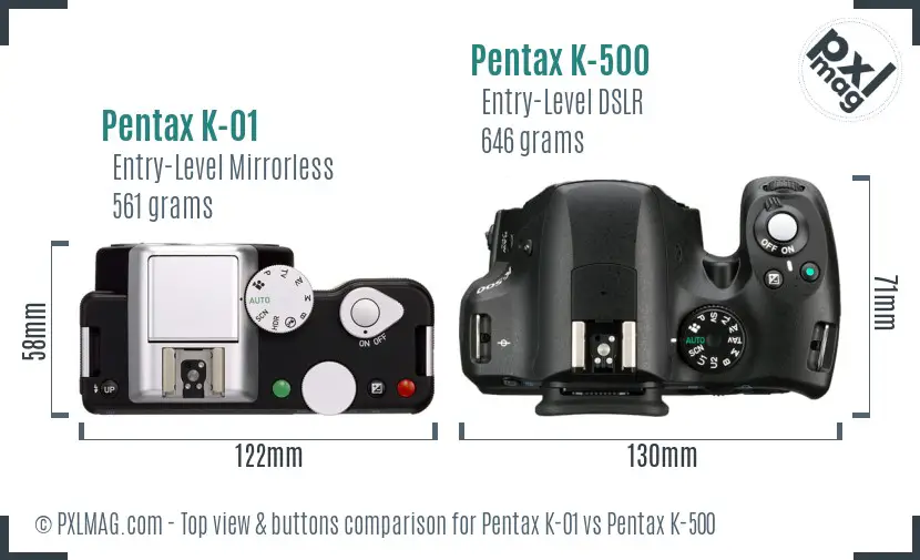 Pentax K-01 vs Pentax K-500 top view buttons comparison
