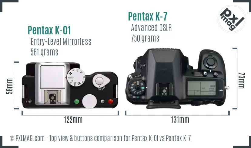 Pentax K-01 vs Pentax K-7 top view buttons comparison