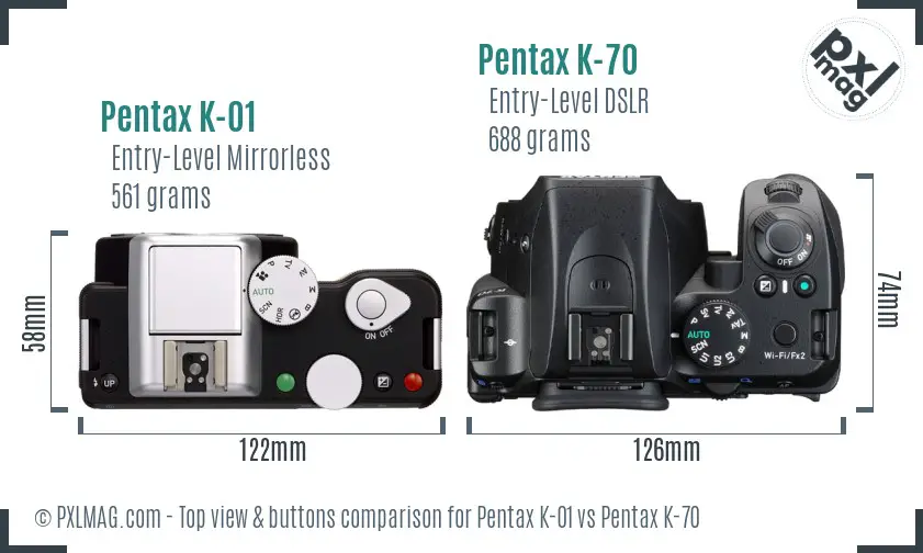 Pentax K-01 vs Pentax K-70 top view buttons comparison