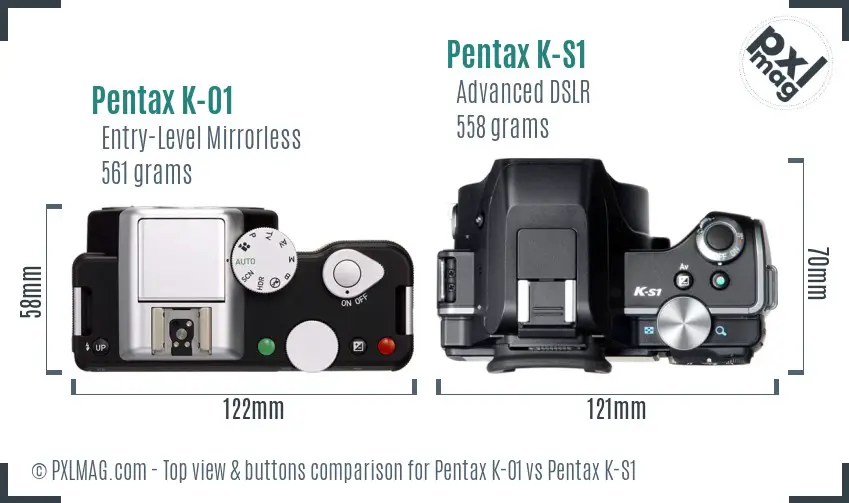 Pentax K-01 vs Pentax K-S1 top view buttons comparison