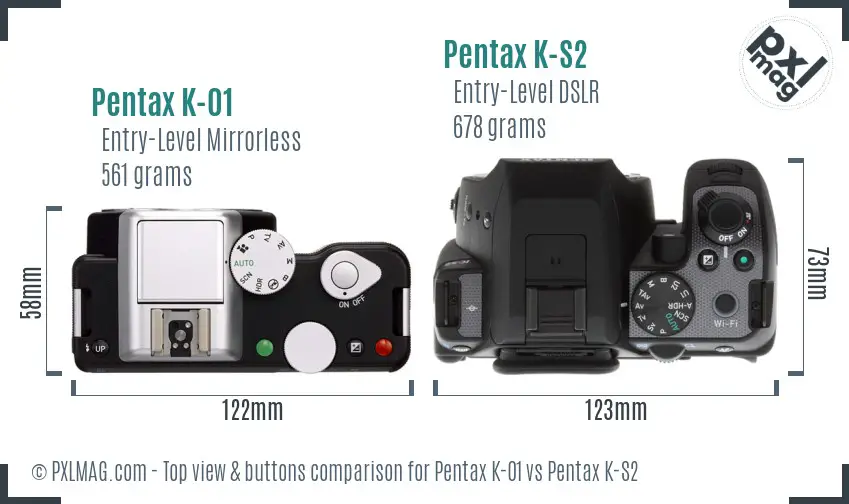 Pentax K-01 vs Pentax K-S2 top view buttons comparison