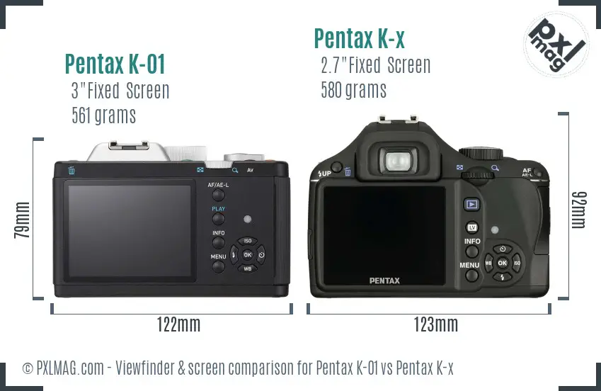 Pentax K-01 vs Pentax K-x Screen and Viewfinder comparison