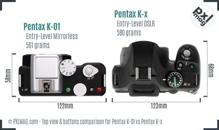 Pentax K-01 vs Pentax K-x top view buttons comparison