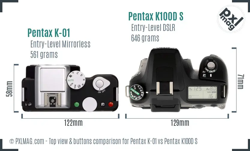 Pentax K-01 vs Pentax K100D S top view buttons comparison