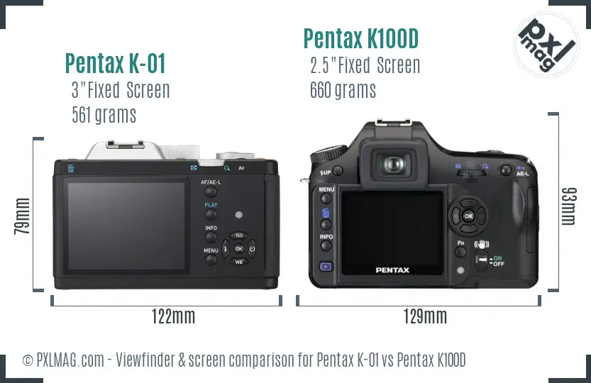 Pentax K-01 vs Pentax K100D Screen and Viewfinder comparison