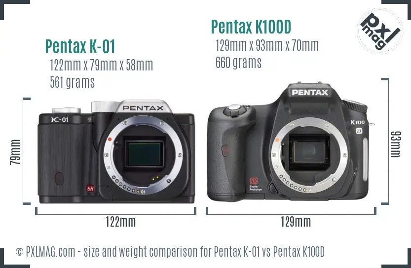 Pentax K-01 vs Pentax K100D size comparison